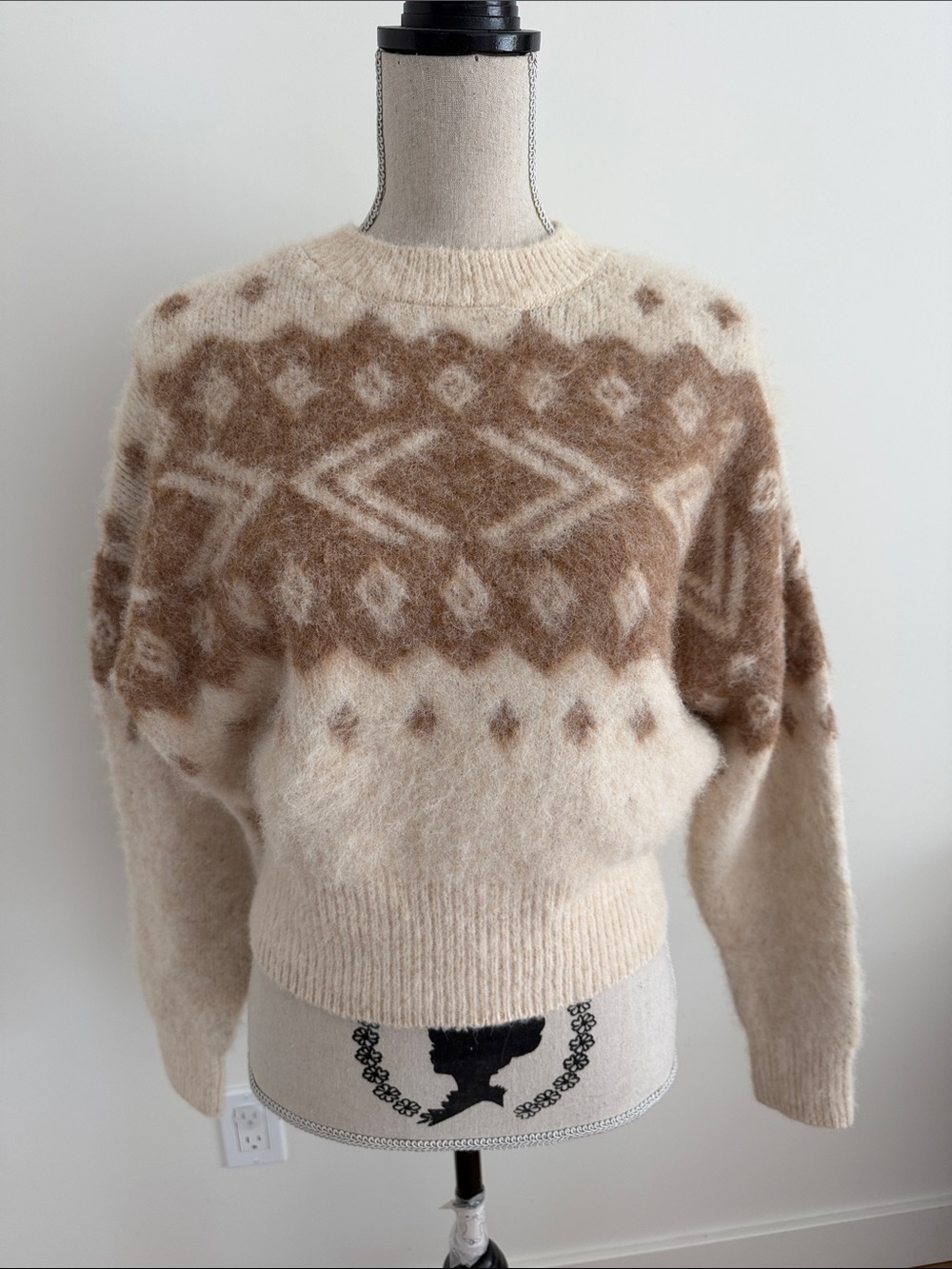 NWT Zara Cream & Brown Fair Isle Crew Neck Sweater
